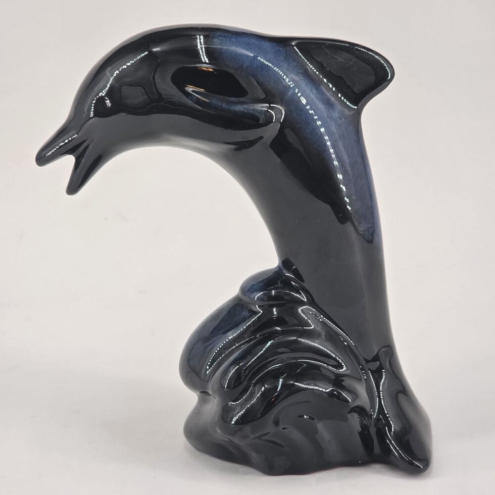 Blue Mountain Pottery Jumping Dolphin Figurine Teal & Black Glaze